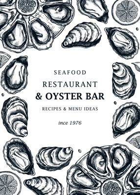 Cooked oysters menu design. Shellfish and seafood restaurant or delivery design element. Hand drawn oyster on plate with lemon and raw shellfish sketches. For menu, recipes, flyers or invitation.